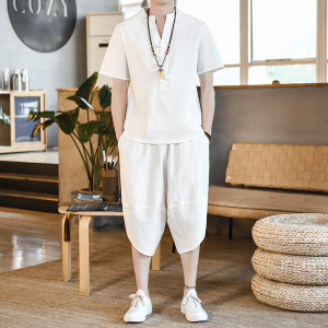 夏季风立领套装男大码宽松小V口盘扣两件套A266-1-TZ6289-P70