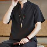 棉麻风男装T恤男圆领宽松V领盘扣夏季青年A266-1-T162-P35，男装T恤，电商A266-1