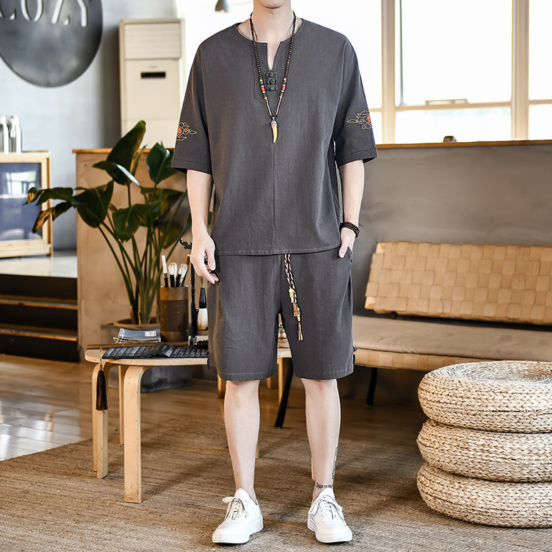 夏季风青年套装男大码宽松小V口盘扣两件套A266-1-TZ6986-P60,男装休闲套装,电商A266-1