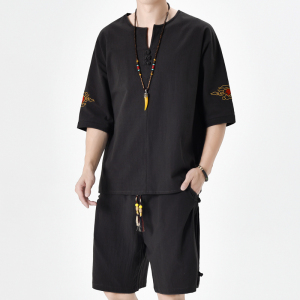夏季风青年套装男大码宽松小V口盘扣两件套A266-1-TZ6986-P60图片