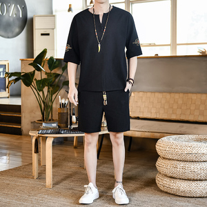 夏季刺绣套装男风青年宽松小V口盘扣两件套A266-1-TZ6988-P60图片