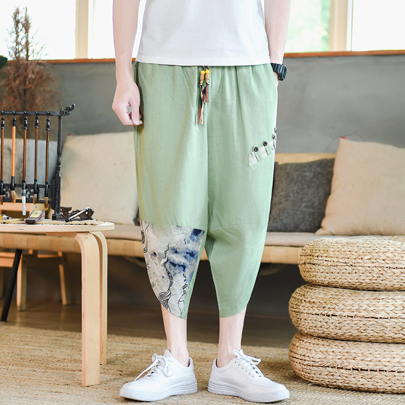 风亚麻拼接七分裤男抽绳宽松夏季7分休闲裤子A266-1-K51-P35,男装牛仔裤,电商A266-1