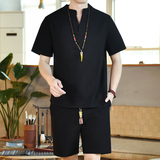 夏季风立套装男大码宽松小V口盘扣两件套A266-1-TZ6288-P60，男装休闲套装，电商A266-1
