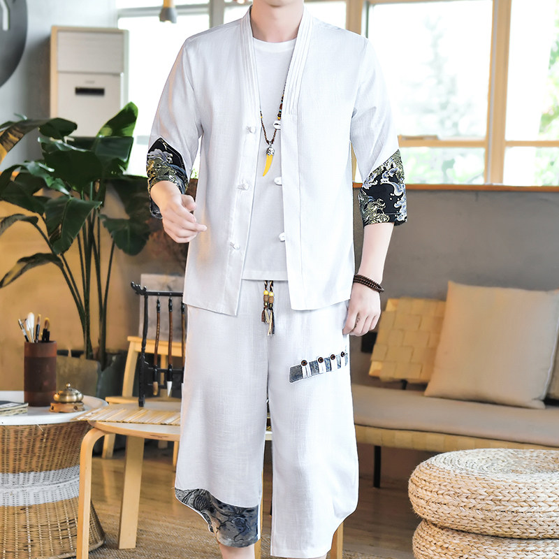 夏季风青年套装男大码亚麻开衫立领两件套A266-1-TZ4059-P75图片