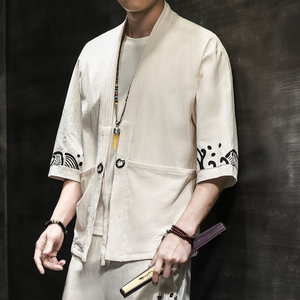 棉麻风男装T恤男圆领宽松汉服盘扣夏季青年A266-1-F58-P40图片