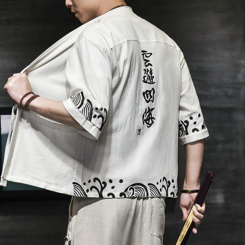 棉麻风男装T恤男圆领宽松汉服盘扣夏季青年A266-1-F58-P40图片
