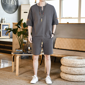 夏季刺绣套装男风青年宽松小V口盘扣两件套A266-1-TZ6988-P60图片