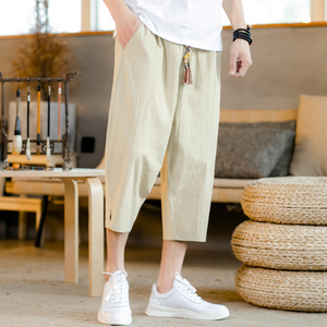 风宽松男抽绳韩版休闲裤大码七分裤棉麻青年A266-1-K61-P35图片