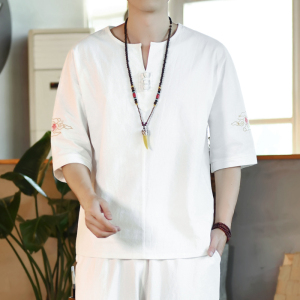 刺绣棉麻风男装T恤男圆领宽松盘扣夏季青年A266-1-T169-P35图片
