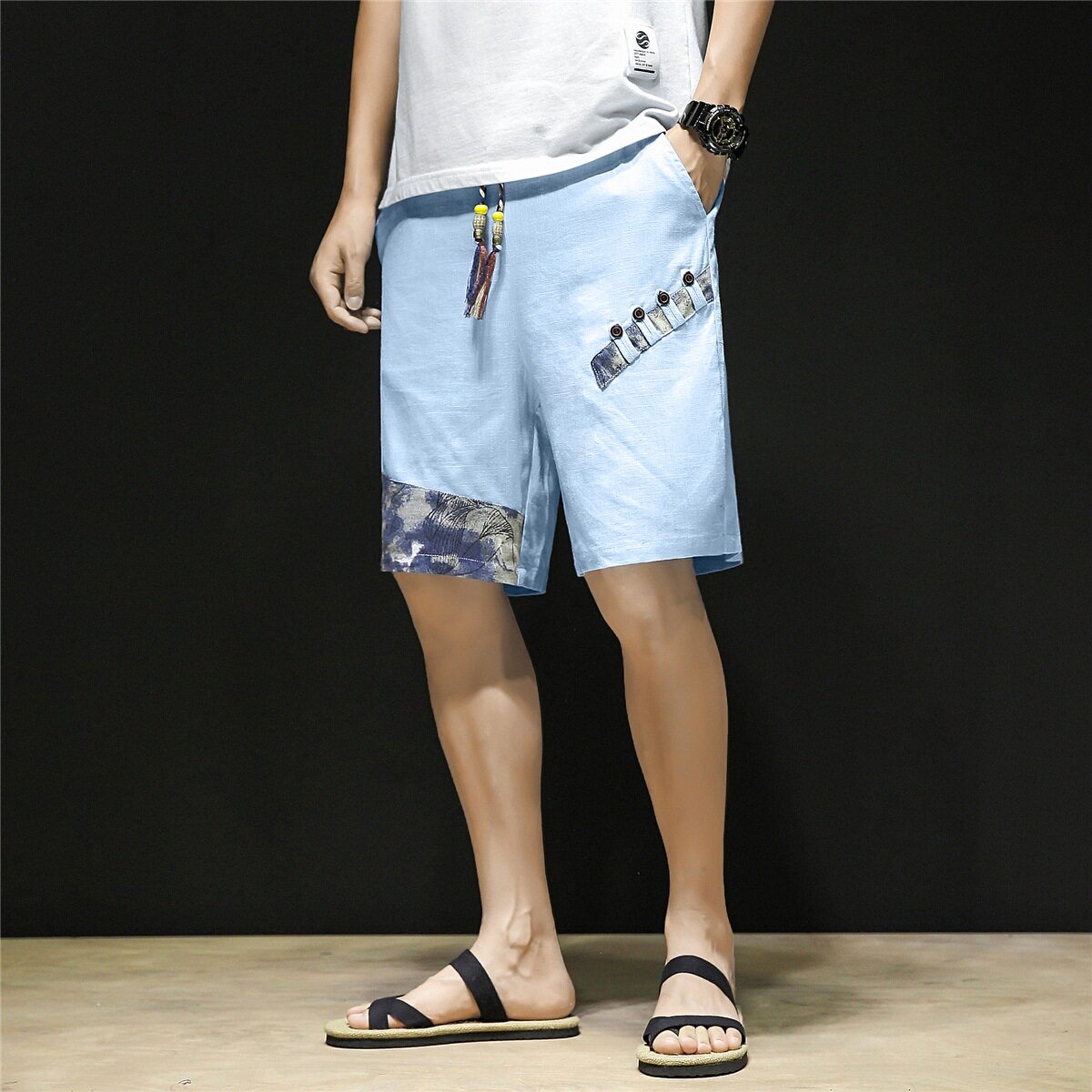 亚麻短裤男韩版休闲直筒风复古男装拼接中裤子A266-1-K49-P35，男装牛仔裤，电商A266-1