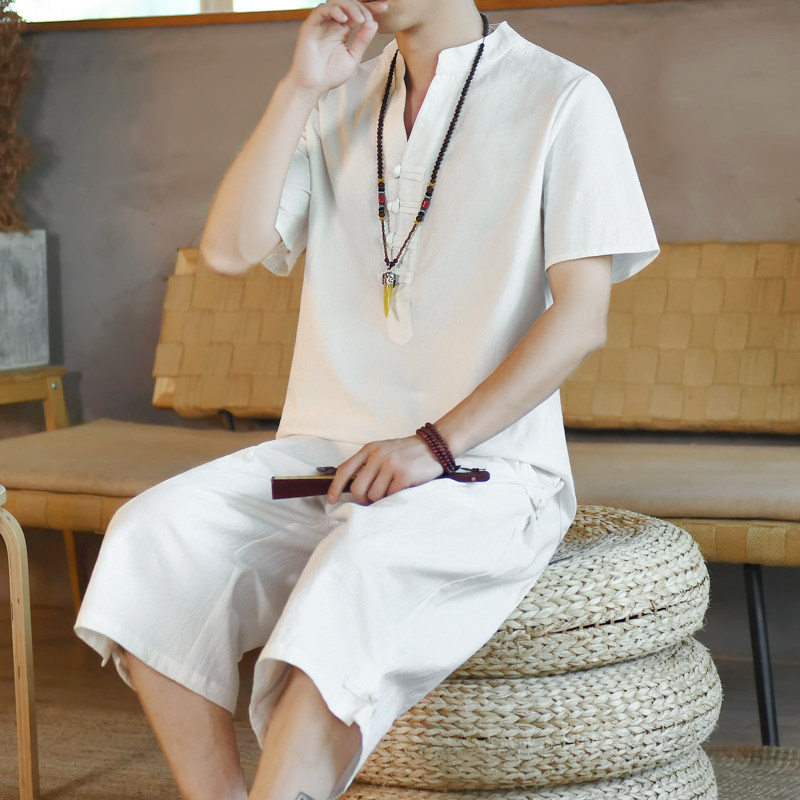 夏季风纯色套装男大码宽松夏天盘扣两件套A266-1-TZ6287-P65,男装休闲套装,电商A266-1