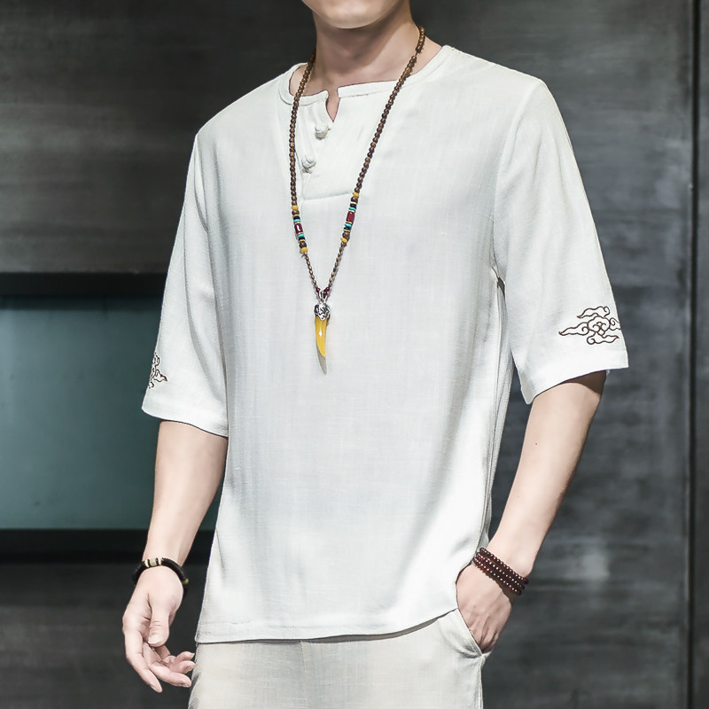 棉麻风男装T恤男圆领宽松刺绣盘扣夏季青年A266-1-T188-P40,男装T恤,电商A266-1