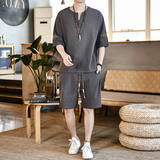 夏季风青年套装男大码宽松小V口盘扣两件套A266-1-TZ6986-P60，男装休闲套装，电商A266-1
