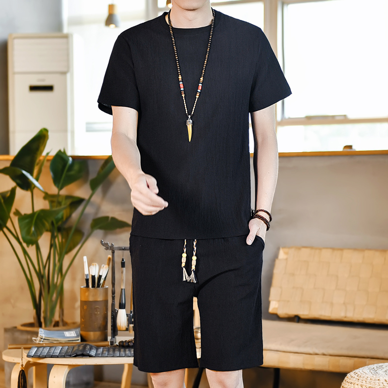 夏季风圆领套装男大码抽绳裤子复古两件套A266-1-TZ1989-P60，男装休闲套装，电商A266-1