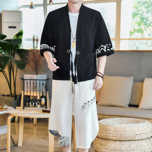 夏季风一套棉麻两件套开衫复古男装A266-1-F58+K40-P75图片