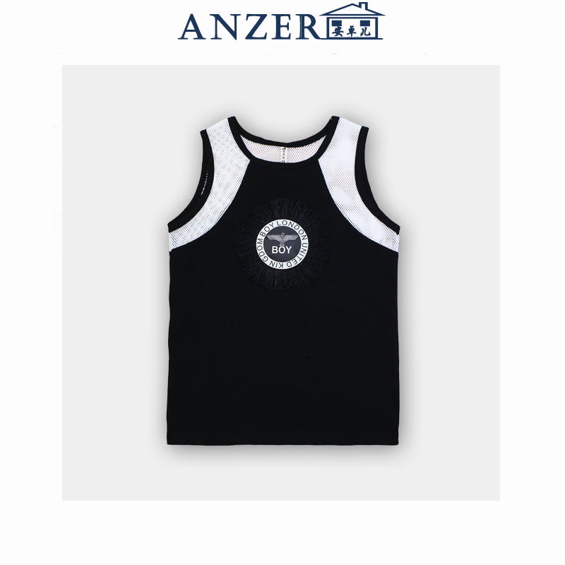 ANZER2018夏季新款男童背心纯棉时尚中大童无袖t恤短袖上衣潮黑白