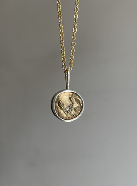 古法手工纯银包镶花草纹黄铜硬币纯银项链女吊坠