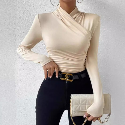 Solid Color Slim Fit Pleated Long Sleeve T-shirt Women'sTop