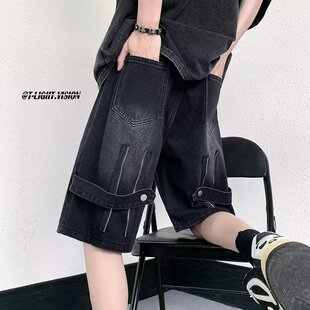 牛仔短裤 美式 2023新款 男夏季 复古五分裤 潮牌高街设计感拉链七分裤