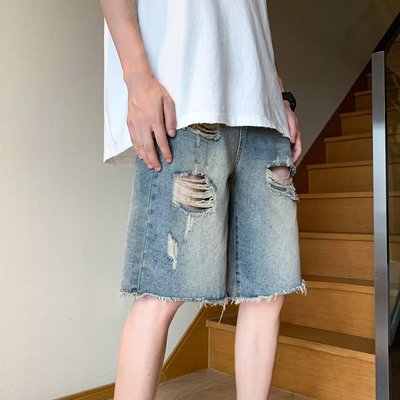 破洞牛仔短裤男夏季复古水洗做旧七分裤子设计感小众美式五分裤