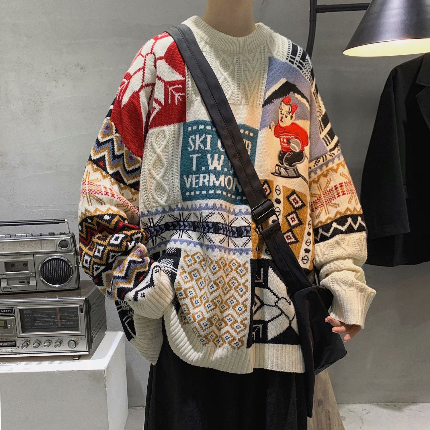 加绒毛衣男圆领秋冬过年衣服小熊圣诞慵懒宽松情侣外套ins针织衫