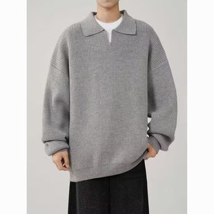 韩系痞帅风线衣 美式 简约polo衫 毛衣男士 秋冬慵懒高级感翻领针织衫