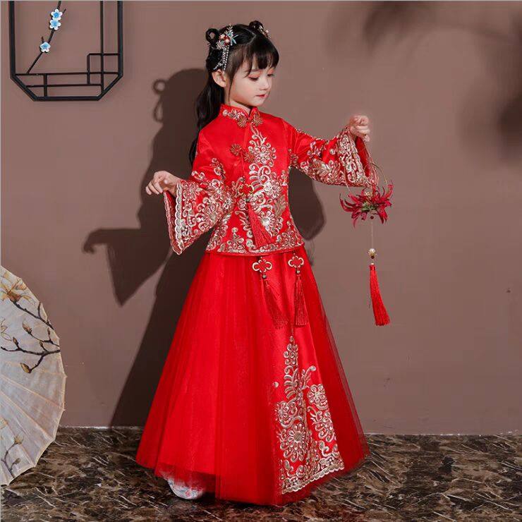 汉服女童红色中国风旗袍拜年服儿童过年衣服唐装秀禾服春秋冬长袖