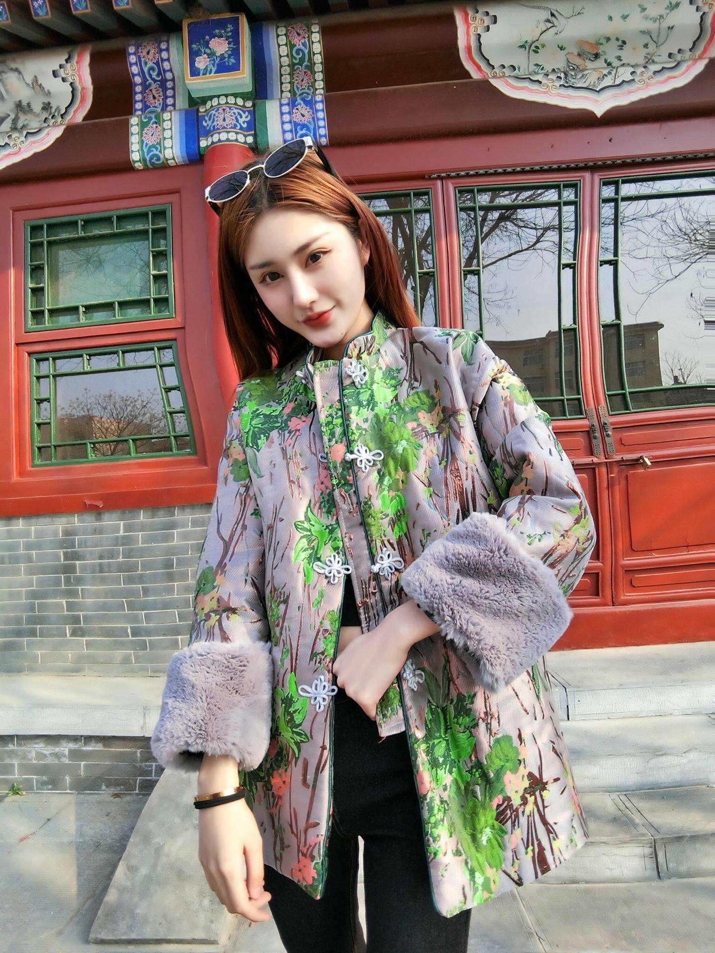 冬季中国风短款棉袄织立体浮绣皮草袖口复古盘扣上衣棉衣外套女