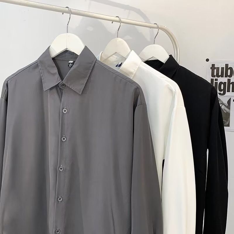 冰丝宽松垂感黑色衬衫男长袖夏季高级感痞帅男士休闲男装白衬衣潮