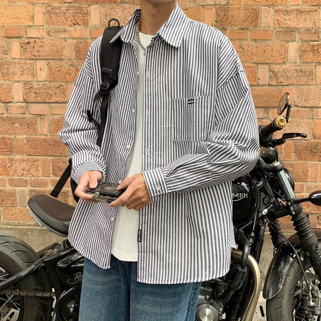 日系蓝白条纹长袖衬衫男夏季薄款衬衣港风男装休闲情侣春秋季外套