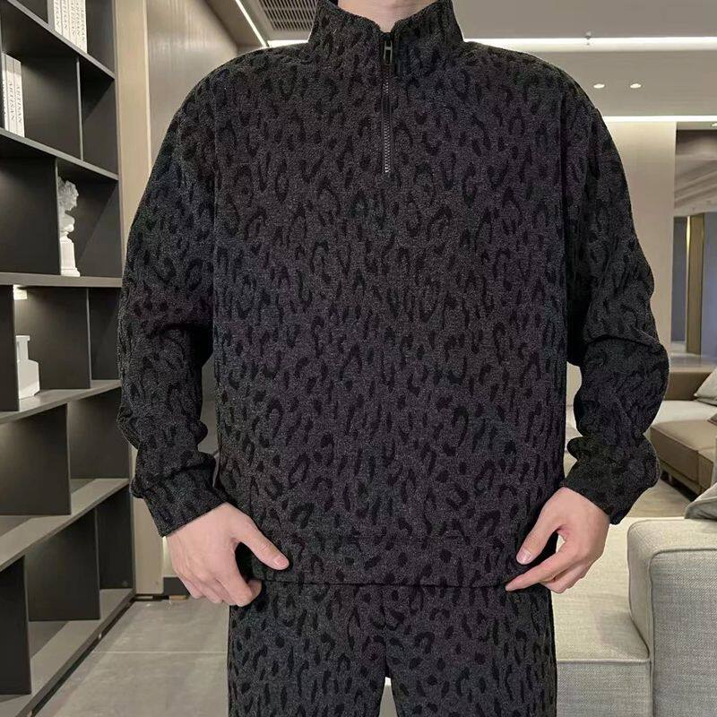 加绒套装冬季新款男士百搭时尚套装豹纹提花加绒卫衣直筒休闲裤男