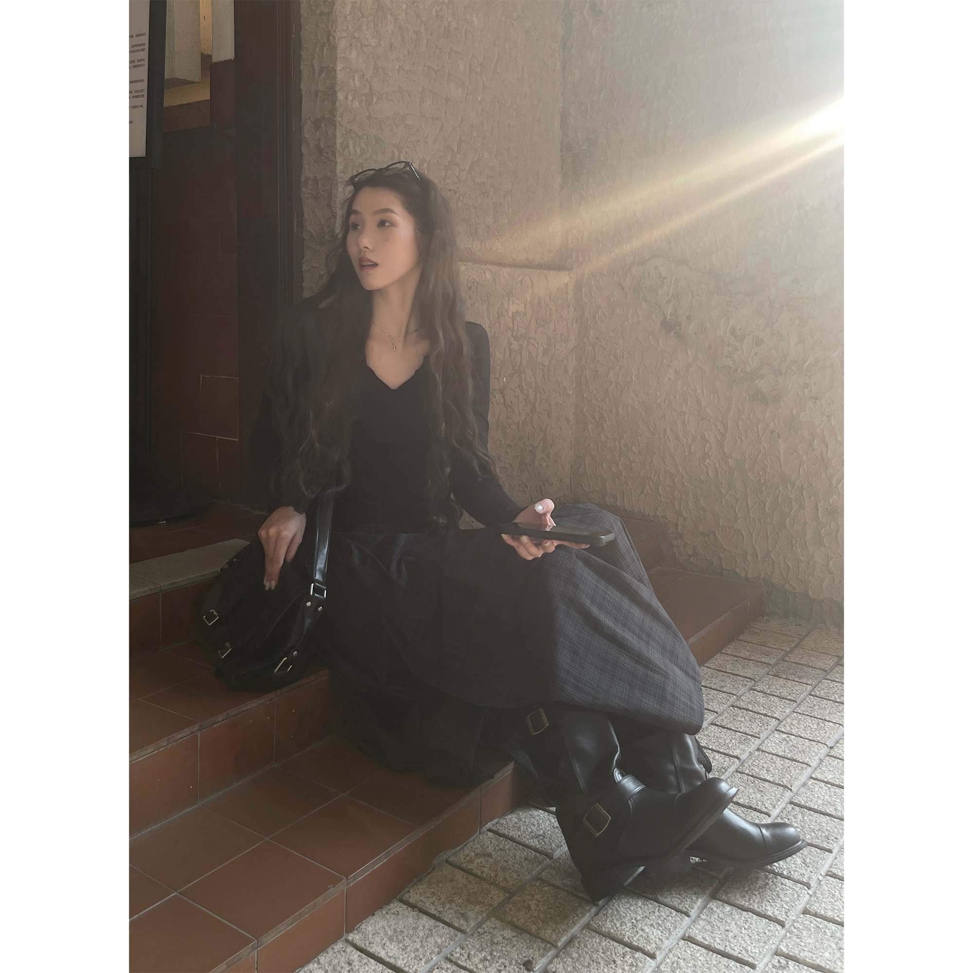 设计感格子下摆衬衫半身裙套装