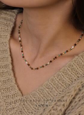 雨林复古虎眼石串珠锁骨链叠戴