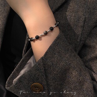 飞鸟屿城 原创手作 招财银曜石拼接施家灰珍珠简约小众手串手镯女