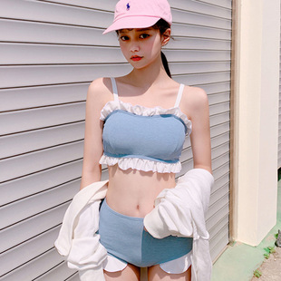 2020韩国新款 少女小清新蓝色吊带白色木耳边分体保守泳衣女 泳装