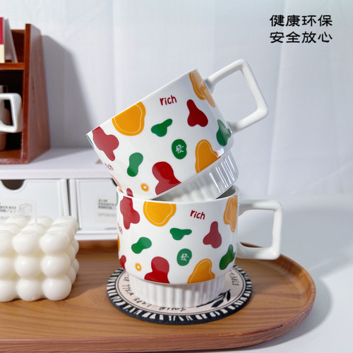 新国潮暴富发财陶瓷茶杯咖啡杯麻将杯棋牌室水杯大容量杯子耐高温