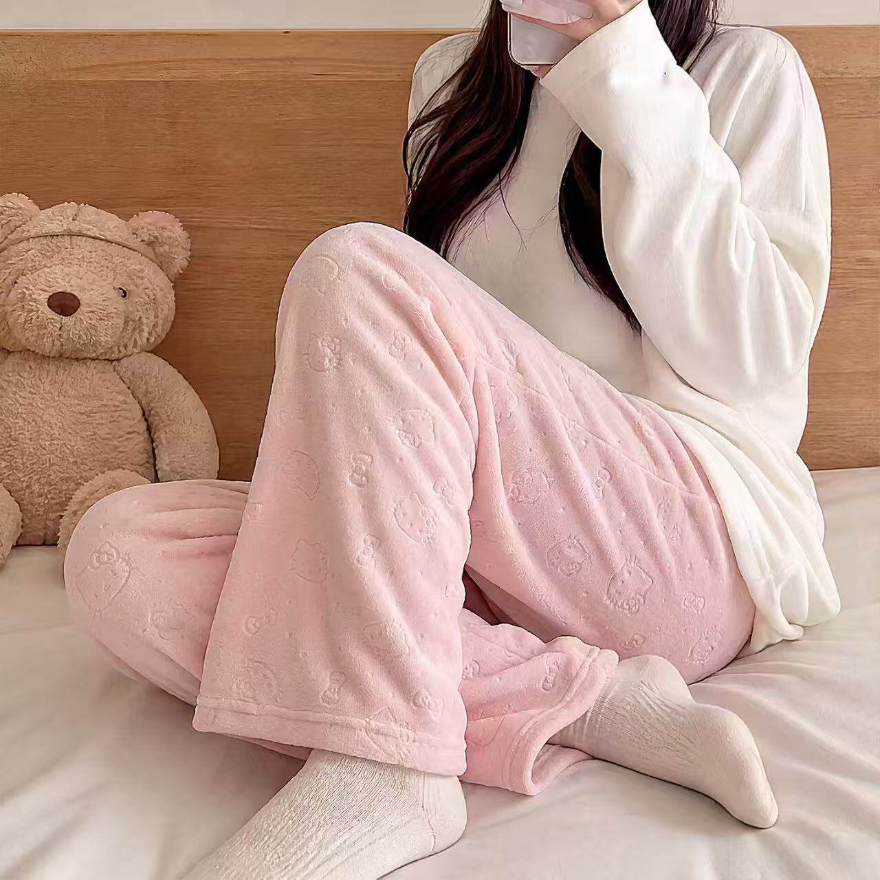 薄绒德绒睡裤女款长裤秋冬双面磨毛加厚保暖宽松睡衣可外穿家居裤