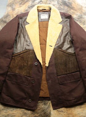 早期北美重磅帆布拼接羊皮拼接羊皮铆猎魔人多袋沧桑复古皮衣