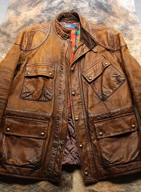 美式传奇RL重磅颓废手擦做旧头层油蜡牛皮多袋机车皮衣