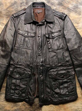 意大利制 早期1990s高密度油蜡山羊皮都市复古多袋猎装机车皮衣