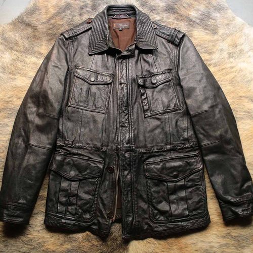 意大利制 早期1990s高密度油蜡山羊皮都市复古多袋猎装机车皮衣