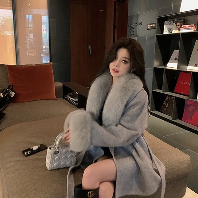 RCLIU月影恋人 2025新款灰色双面呢羊绒大衣女狐狸毛皮草毛呢外套