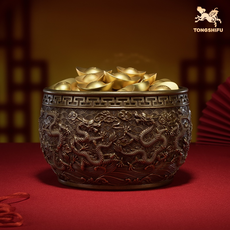 铜师傅《九龙聚宝盆》客厅桌面铜摆件 家居装饰工艺品 开业礼物