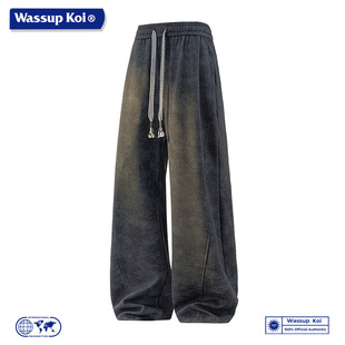 WASSUP KOI联名美式扎染做旧复古直筒裤男宽松休闲百搭长裤子男款