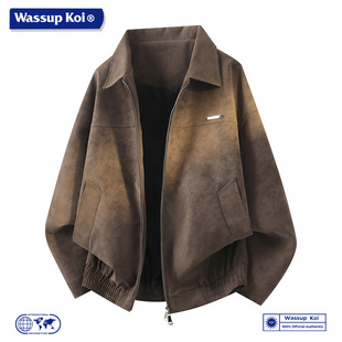 WASSUP 复古翻领夹克男宽松机车外套情侣潮牌上衣服男 KOI联名美式
