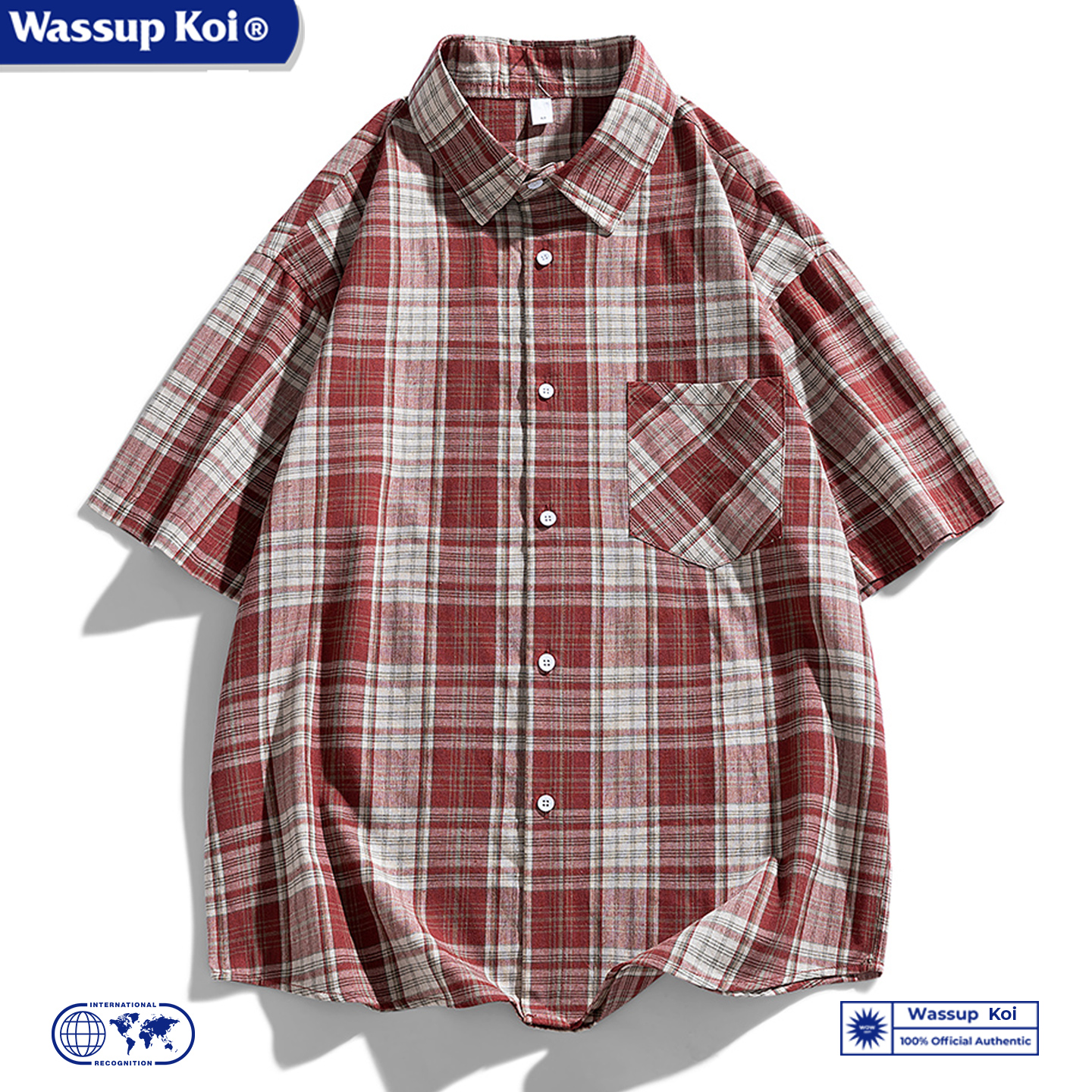 WASSUPKOI美式复古格子短袖衬衫