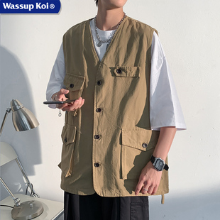 WASSUP KOI联名卡其色工装马甲男美式复古背心坎肩大码无袖外套潮