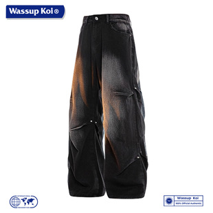 WASSUP KOI联名美式复古做旧牛仔裤男宽松阔腿长裤街头风长裤子男