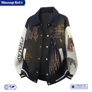 WASSUP KOI联名美式刺绣棒球服外套男春秋季潮牌重磅撞色翻领夹克