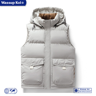 WASSUP KOI联名冬季羽绒棉马甲时尚纯色带帽户外加厚保暖无袖外套